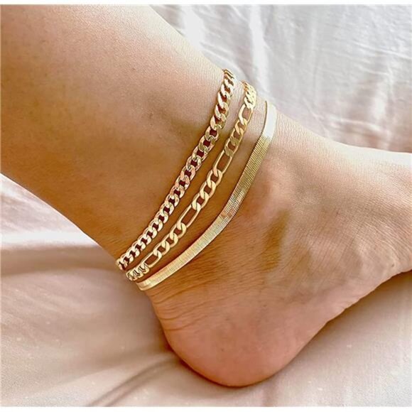 Gold Ankle Bracelets Set for Women Waterproof, 14K Gold Anklets for Women Cuban - Picture 3 of 7